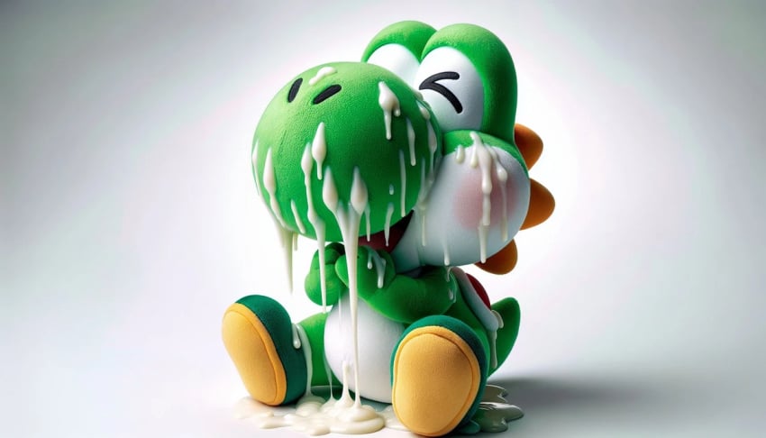 ai_generated cum cum_on_face gay green_yoshi happy laugh laughing mario_(series) super_mario_bros. yoshi