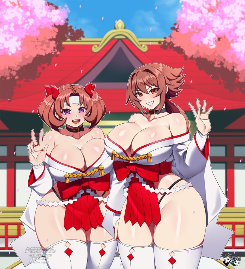 2girls asian asian_female huge_breasts jadenkaiba japanese_clothes looking_at_viewer peace_sign school_fight shrine_maiden thick_thighs