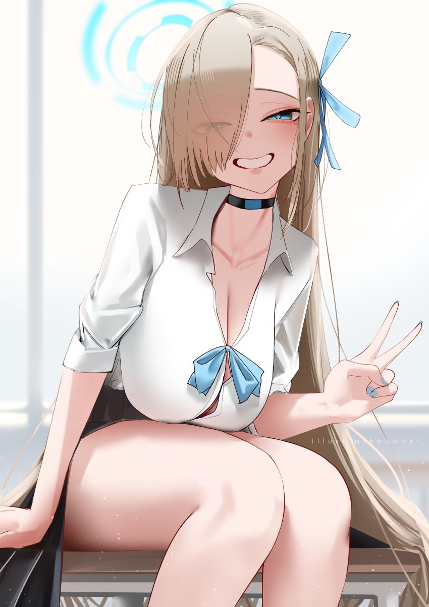 1girls absurdres ashenmash asuna_(blue_archive) big_breasts blonde_hair blue_archive blue_eyes blue_nails blue_ribbon blush breasts choker cleavage cyrilashnmsh desk female female_only grin hair_over_one_eye hair_ribbon halo highres large_breasts light-skinned_female light_skin long_hair looking_at_viewer pleated_skirt pointy_chin ribbon school_desk school_uniform sitting skirt smile solo thighs v