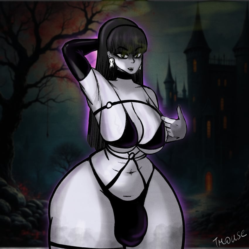 1futa big_ass big_breasts black_hair bulge clothed clothing dickgirl futa_only futanari goth goth_girl mostly_nude pale-skinned_futanari solo standing tmouse white_skin