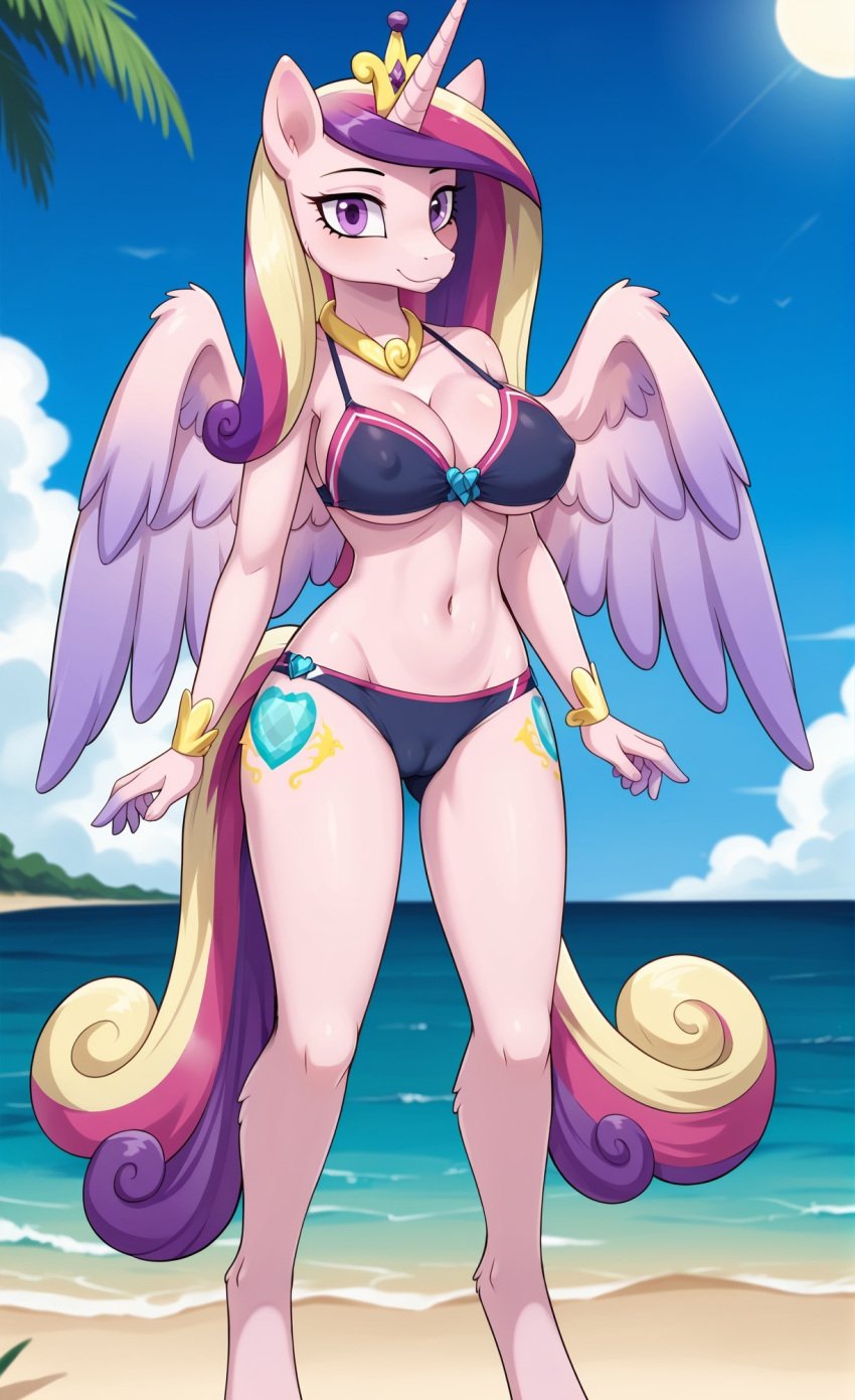 1girls 2024 ai_generated alicorn anthro beach bikini blushing cameltoe cleavage curvy_female curvy_figure cutie_mark digitigrade equine female female_only gold_jewelry hasbro hi_res long_hair looking_at_viewer my_little_pony my_little_pony_friendship_is_magic nipple_bulge outdoors pink_body pink_feathers pink_fur pink_hair pony princess_cadance_(mlp) purple_eyes purple_hair royalty seaside smile underboob unicorn_horn wings yellow_hair