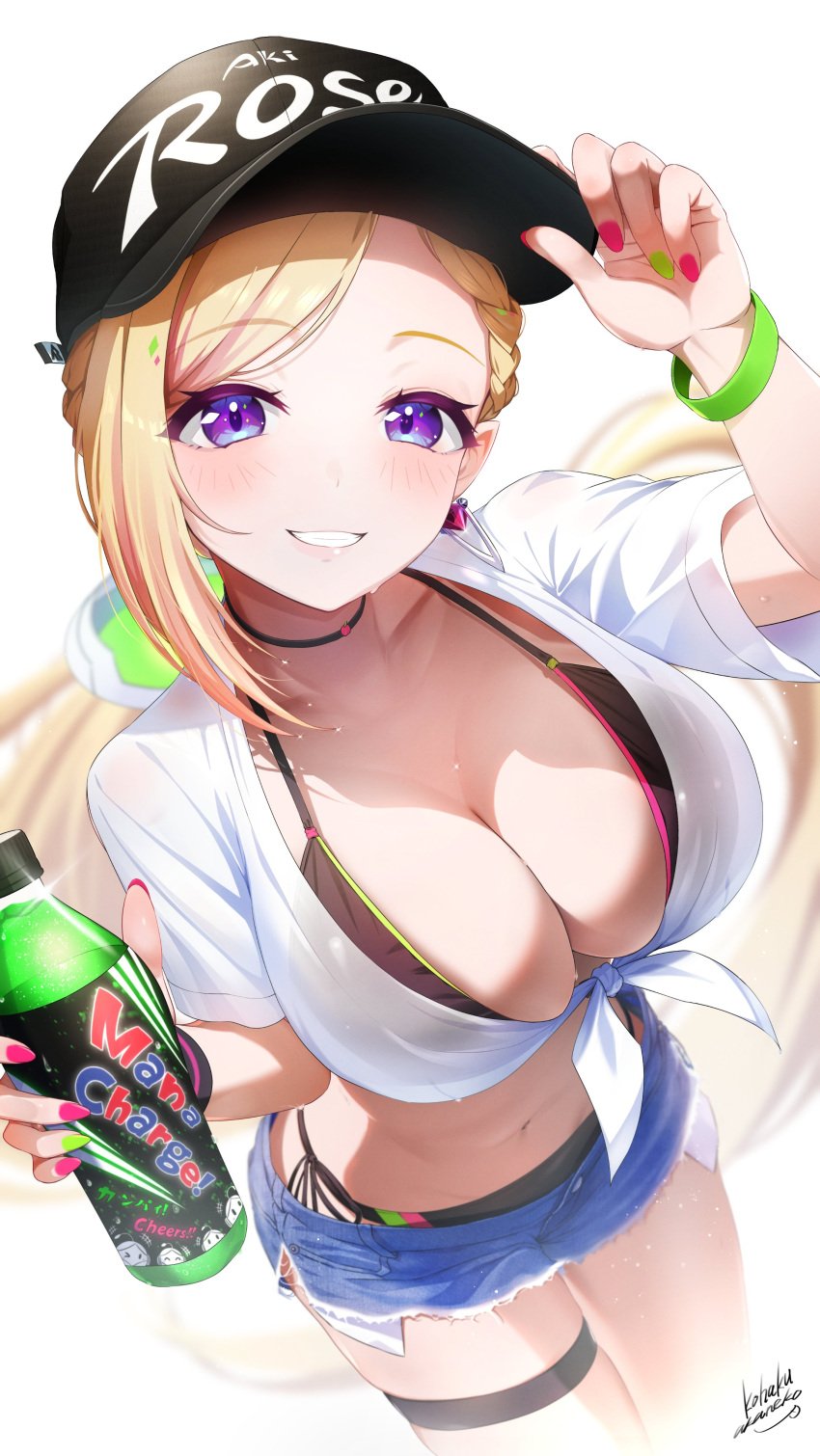 absurdres aki_rosenthal alt_text baseball_cap bikini bikini_under_clothes black_bikini blonde_hair bottle braid breasts character_name choker cleavage denim denim_shorts earrings female from_above green_nails grin groin halterneck hat highres holding holding_bottle hololive jewelry large_breasts long_hair looking_at_viewer midriff nail_polish navel nemu_iine open_clothes open_shirt pink_nails pointy_ears purple_eyes shirt short_shorts shorts side-tie_bikini_bottom signature simple_background skindentation smile solo stomach string_bikini sweat swimsuit thigh_strap tied_shirt virtual_youtuber white_background