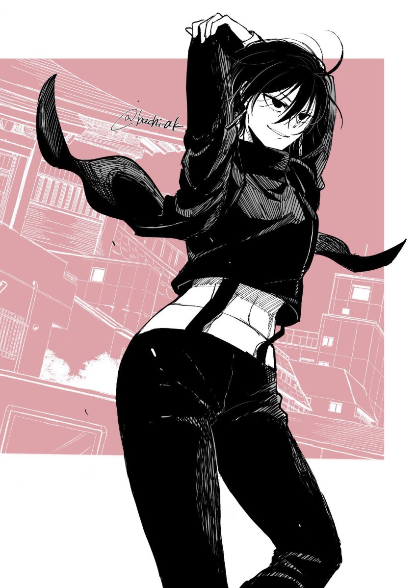 1girls abs absurd_res arms_behind_back arms_behind_head arms_up bachi_ak black_eyes business_attire business_suit business_woman businesswear cocky digital_drawing_(artwork) digital_media_(artwork) earrings eyelashes eyelashes_visible_through_hair eyeliner female hip_sway hiyuki_kagari kagurabachi signature simple_background smile stomach suspenders tagme tomboy wide_hips wind