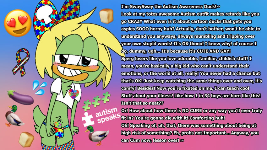 ableism ableist_slur anatid anseriform anthro autism autism_acceptance_month autism_awareness_ribbon autism_speaks autism_symbol avian balls beak bird blonde_hair blue_eyes blush breadwinners caption clothed clothing digital_media_(artwork) duck emojisexual english_text erection feathers femboy genitals gooning goons gradient_background green_body green_feathers hair half-closed_eyes hat headgear headwear heart_symbol hi_res humiliation humiliation_fetish humor legwear lgbt_pride looking_at_viewer male mammal meme midriff narrowed_eyes navel neurodiversity_pride_symbol nickelodeon pattern_clothing pattern_legwear pattern_underwear pride_colors puzzle puzzle_piece raised_clothing raised_shirt raised_topwear shirt short_hair simple_background slur smile smiling_at_viewer smirk smirking_at_viewer solo standing swaysway symbol tail tail_wrapped_around_body tattoo text thick_thighs thigh_highs topwear underwear why