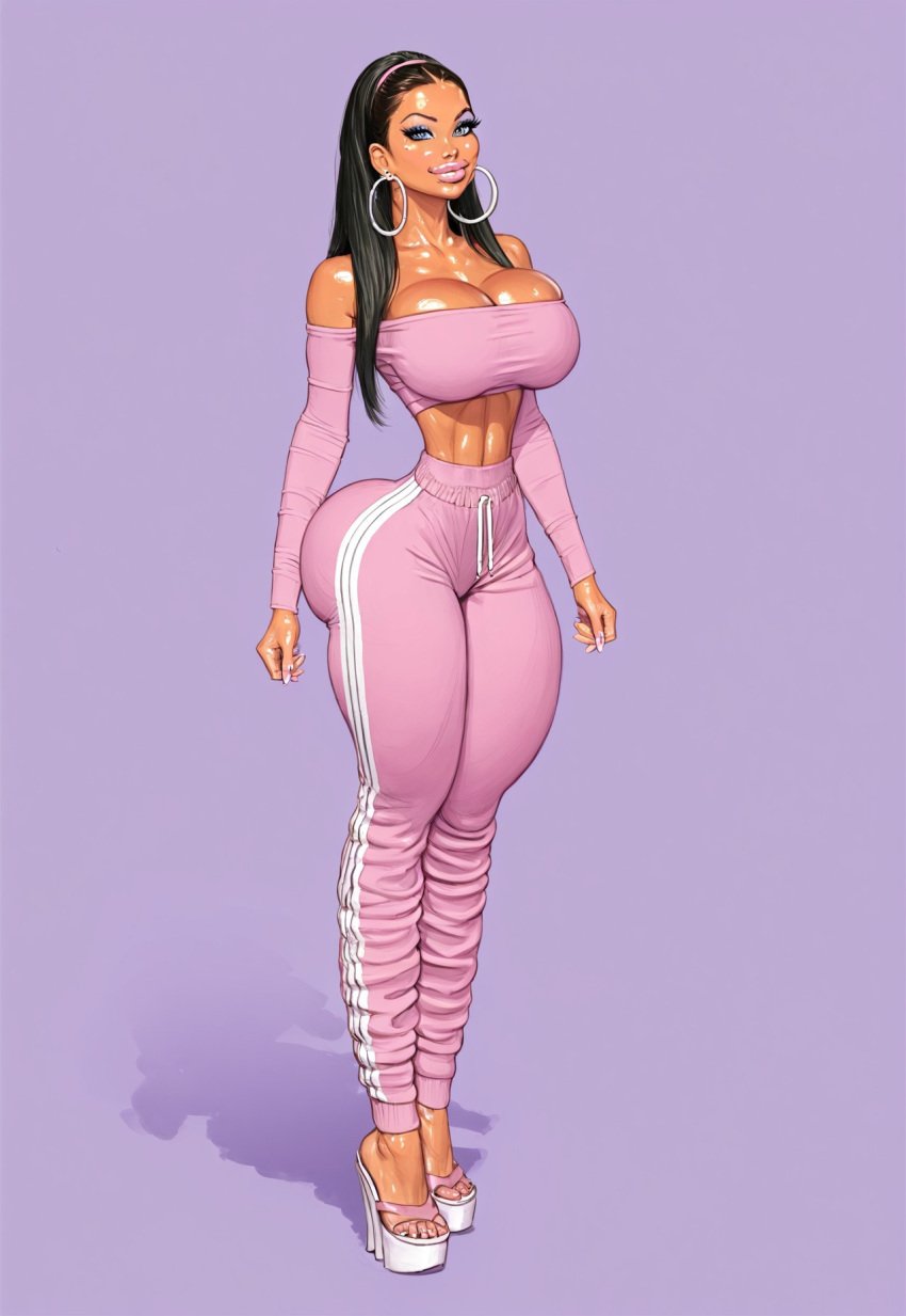 2d ai_art ai_generated asian_female bimbo bimbo_body bimbo_lips crop_top dat_ass fake_breasts hairband headband high_waisted_pants hoop_earrings hoop_earrings_oversized hourglass_figure hyper_hourglass megha_luxe oc oiled_skin original_character pink_clothing pinup sweatpants