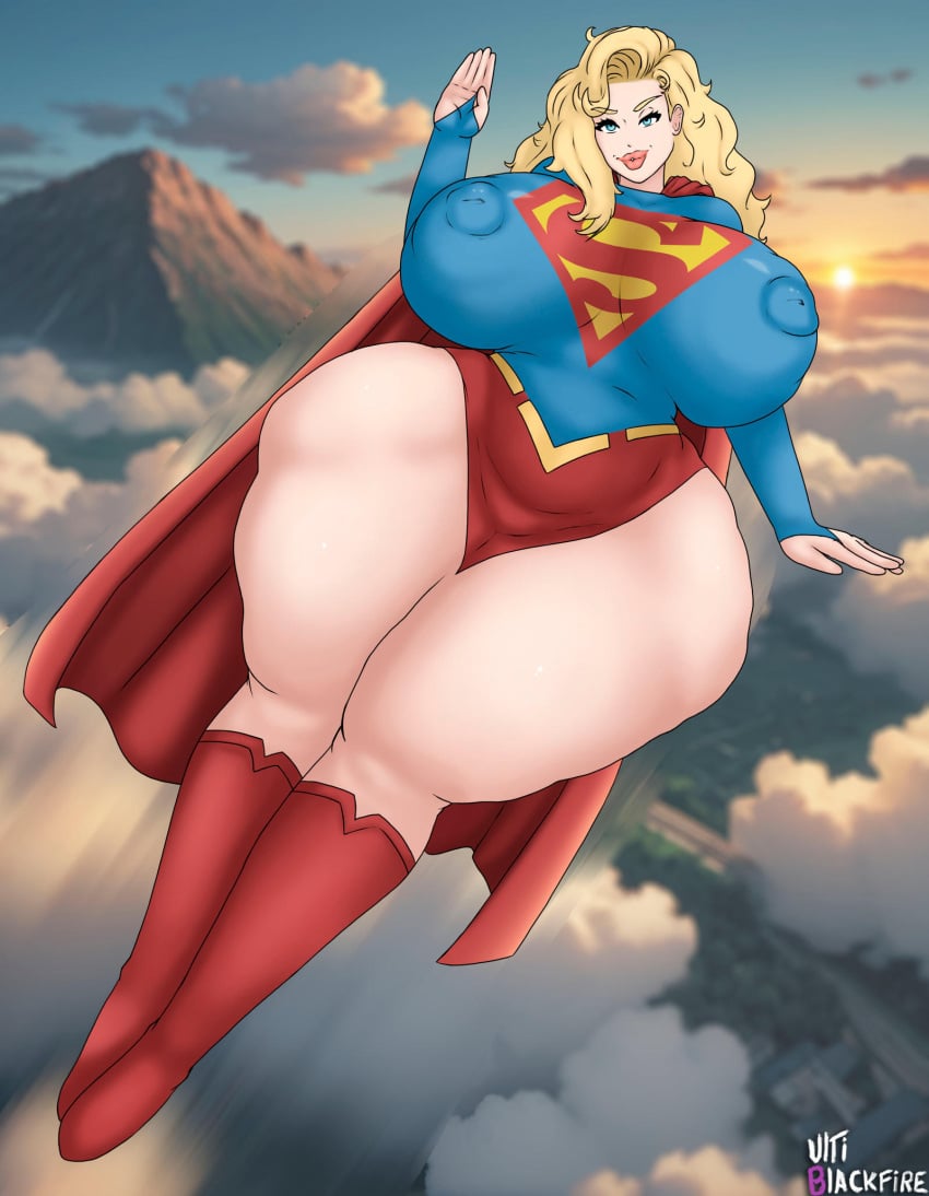 1girls big_breasts big_nipples blonde_hair blue_eyes clothing curvy curvy_figure dc dc_comics female female_only flying gigantic_ass gigantic_breasts kara_zor-el large_breasts large_butt looking_at_viewer matrix_supergirl nipples_visible_through_clothing solo solo_focus supergirl superheroine superman_(series) thick_lips thick_thighs thighhighs ultiblackfire voluptuous wide_hips