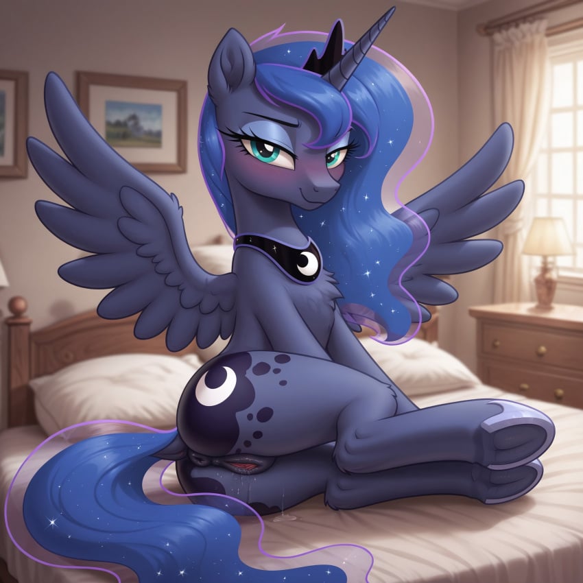 ai_generated alicorn animal_genitalia animal_pussy anus ass blue_body blue_eyes blue_fur blue_hair blush bodily_fluids cutie_mark equid equine equine_genitalia equine_pussy female feral friendship_is_magic genitals hasbro horse my_little_pony pony princess_luna_(mlp) pussy tail