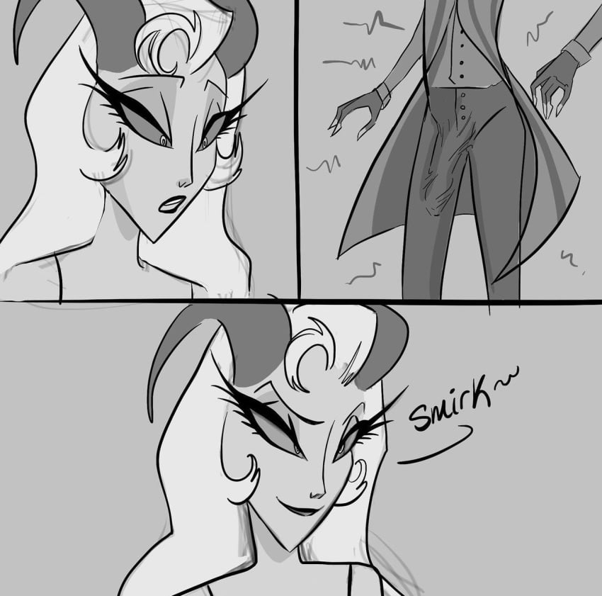 alastor_(hazbin_hotel) bulge cheating cheating_wife clothed clothing comic deer demon dialogue duo female hair hazbin_hotel horns human imminent_sex infidelity lilith_morningstar_(hazbin_hotel) lingerie male male/female mature_female milf open_mouth partially_clothed smile somebodysdaught3r