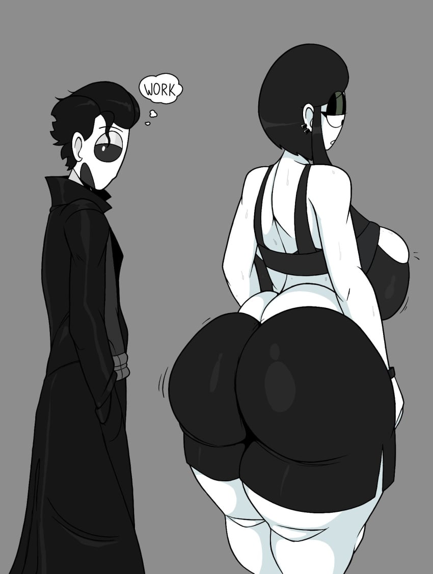 1boy1girl 2024 black_hair ear_piercing ethan_(theimmortalguy) fanart goth goth_girl gym_clothes huge_ass huge_breasts looking_at_ass short_hair text theimmortalguy thought_bubble veronica_(saltynoodles) white_skin