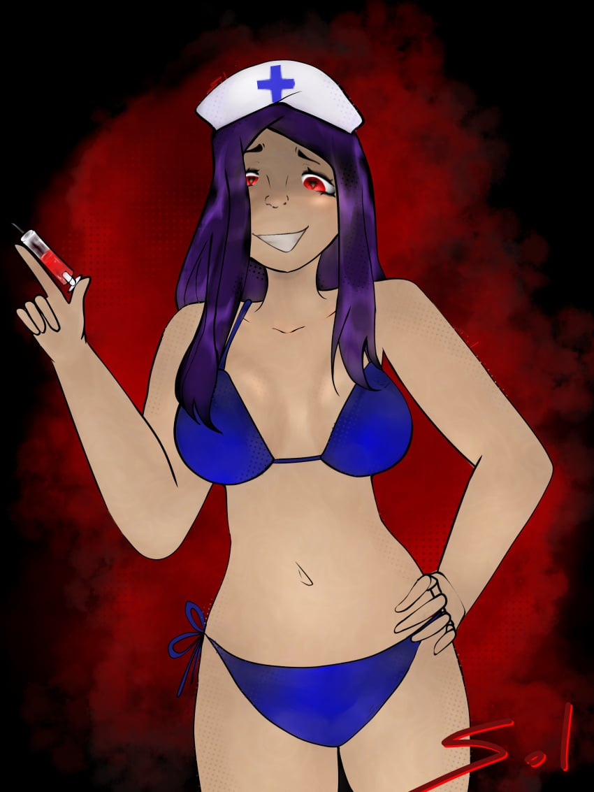 bikini doctor eyes masochism needle purple_hair red sadism sadomasochism