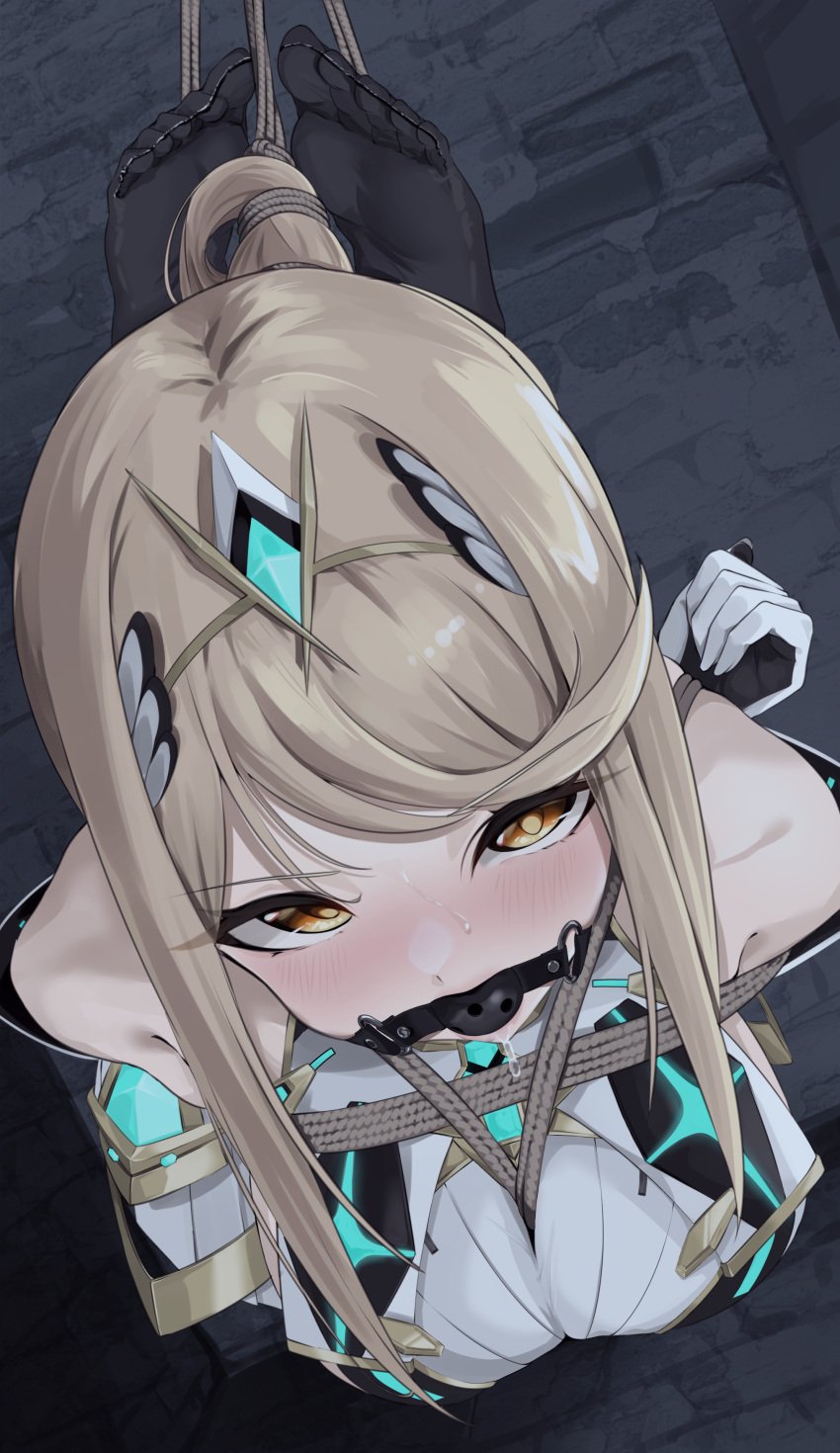 1girls arms_tied_behind_back ball_gag black_legwear blonde_hair blush bondage bound captured captured_heroine defeated defeated_heroine drool drooling dungeon gag gold_eyes hair_bondage hogtie large_breasts long_hair mythra_(xenoblade) seirein_(seireinnnn) suspension_bondage