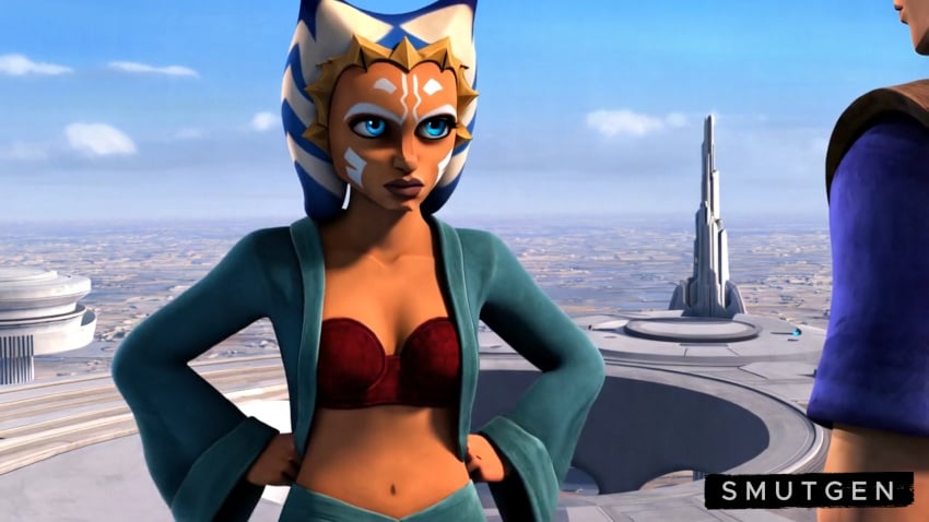 ahsoka_tano ai_generated alien_girl bathrobe belly_button bra clone_wars coruscant flashing hands_on_hips on_model orange_skin serious_look showing_bra smutgen star_wars togruta