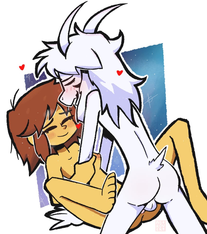 1boy1girl anthro anthro_penetrating_female anthro_penetrating_human anus asriel_dreemurr balls blush blushing brown_hair closed_eyes frisk furry furry_male goat goat_horns happy happy_sex heart horns human human_female naked naked_female naked_male nastrovert nude penis sex short_tail simple_background small_breasts smile tail tan_body undertale undertale_(series) vaginal vaginal_penetration vaginal_sex white_fur