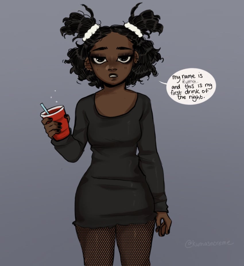 1girls alcohol artist_name black_fingernails black_hair dark-skinned_female dark_skin dialogue dress drink female female_focus female_only fishnets grey_background imminent_sex kuma_(kumasncreme) kumasncreme original red_solo_cup solo solo_female tagme