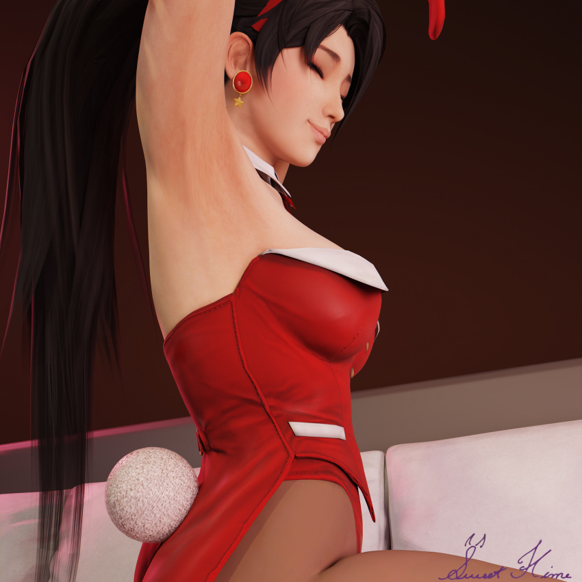 3d armpits arms_up bunny_tail bunnysuit couch dead_or_alive earrings momiji_(ninja_gaiden) ninja_gaiden smiling sweethime