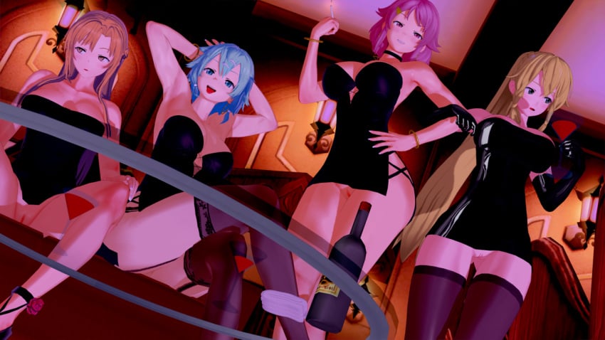 3d 4girls alcohol alcoholic_drink armpits arms_up asada_shino big_breasts black_dress blonde_hair blue_hair choker cigarette dress drinking elegant_dress female female_only girls girls_only hairpin kirigaya_suguha koikatsu large_breasts latex latex_dress latex_gloves leafa legwear lingerie lisbeth long_gloves long_hair lovac22 orange_hair pink_hair ponytail public pussy self_upload shinozaki_rika short_dress short_hair sinon slut slutty_outfit sword_art_online tongue tongue_out under_view underview wine yuuki_asuna