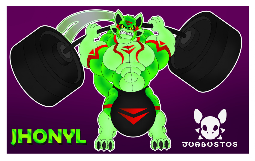 4_ears abs anthro balls big_balls big_tail black_clothing black_underwear bulge claws clothed clothing demigod detailed_background genitals green_body hi_res huhu hyper hyper_genitalia jdbo-arts jhonyl male male/male marks_on_body multi_ear muscular pecs red_mark sharp_teeth solo tail teeth underwear