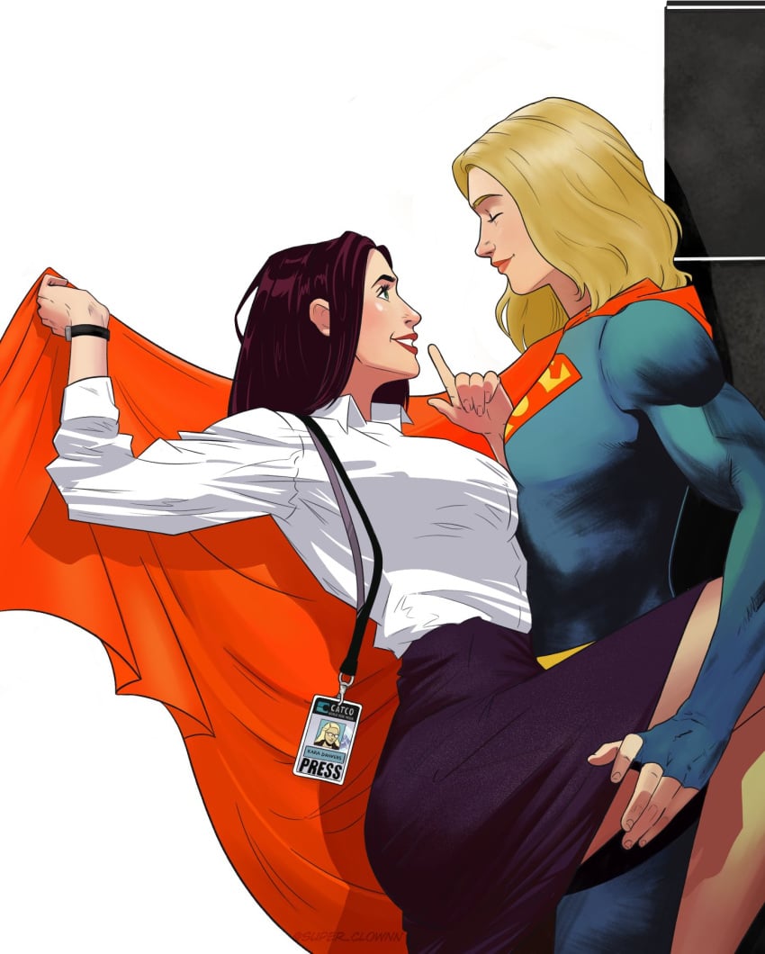 big_ass big_butt cape carrying carrying_another carrying_partner cw dc dc_comics flirting kara_danvers kara_zor-el larger_female lena_luthor muscular muscular_female smaller_female smile suit supergirl supergirl_(cw) supergirl_(series) superhero superheroine taller_female teasing thighs yuri