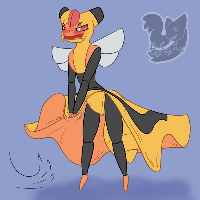 1girls antennae anthro arthropod barefoot bee black_skin blue_background blush clothing dress feet female half-closed_eyes insect insect_wings insects looking_away navel nintendo nude open_mouth pokemon posexe pussy red_eyes red_sclera simple_background skirt solo standing text tongue vespiquen video_games watermark wind wings yellow_skin