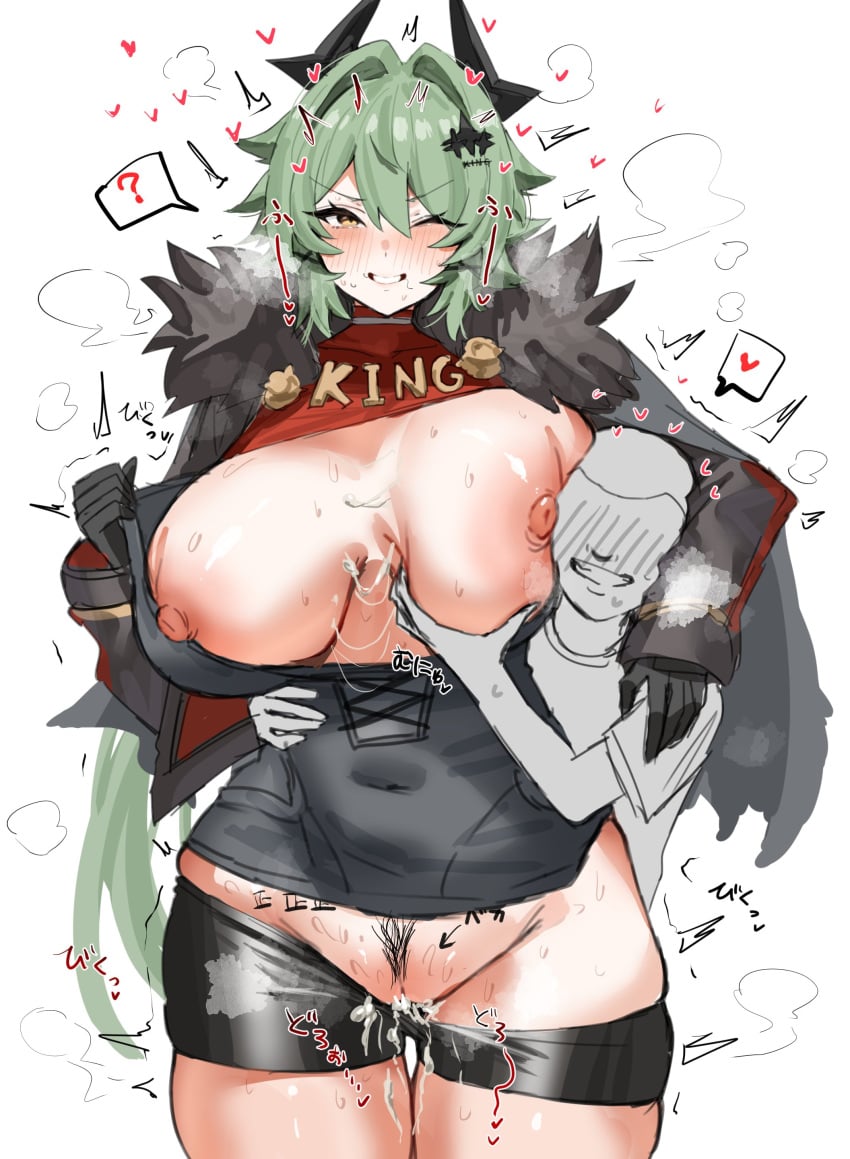 1boy absurdres black_gloves black_horns black_jacket blush body_writing breasts caesar_king_(zenless_zone_zero) clenched_teeth cum cum_in_pussy double-parted_bangs female female_pubic_hair fur-trimmed_jacket fur_trim gloves grabbing_another's_breast green_hair groping hair_ornament heart highres horn/wood horns jacket large_breasts long_hair nipples one_eye_closed pubic_hair spoken_heart steaming_body sweat tally teeth yellow_eyes zenless_zone_zero