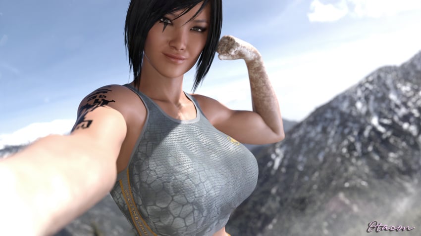 1girls 3d 3d_(artwork) asian asian_female big_breasts black_hair breasts breasts faith_connors female female_focus female_only light-skinned_female light_skin mirror&#039;s_edge rock_climbing video_game_character