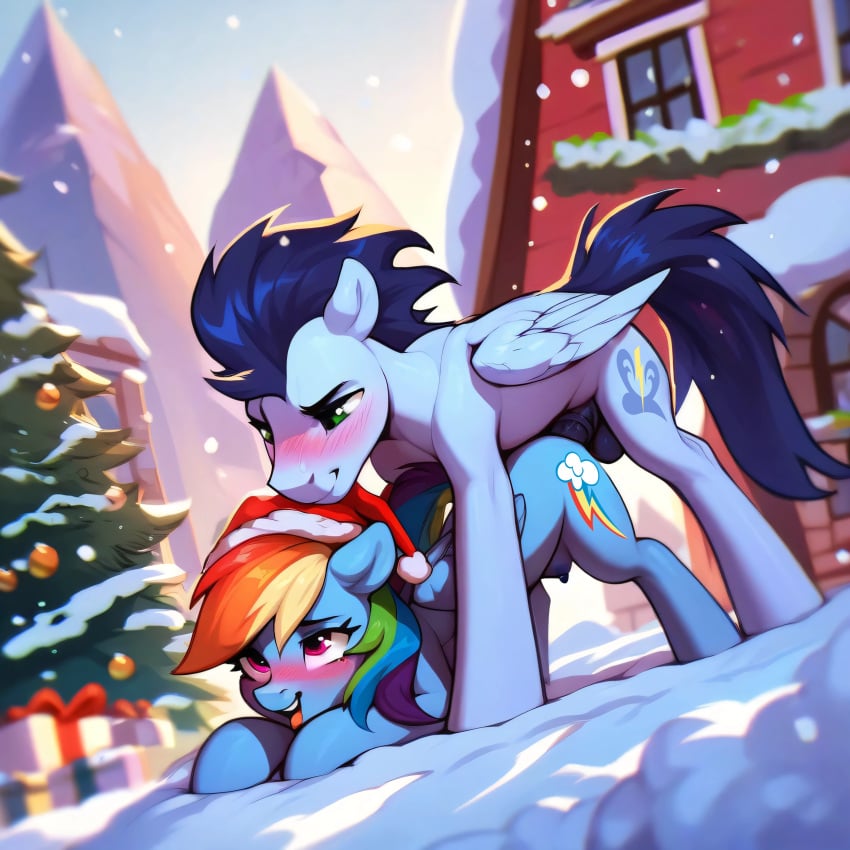 ai_generated balls blush crotchboobs doggy_style equine face_down_ass_up folded_wings horsecock my_little_pony non-human_areolae pony rainbow_dash_(mlp) santa_hat smile snow soarin_(mlp)