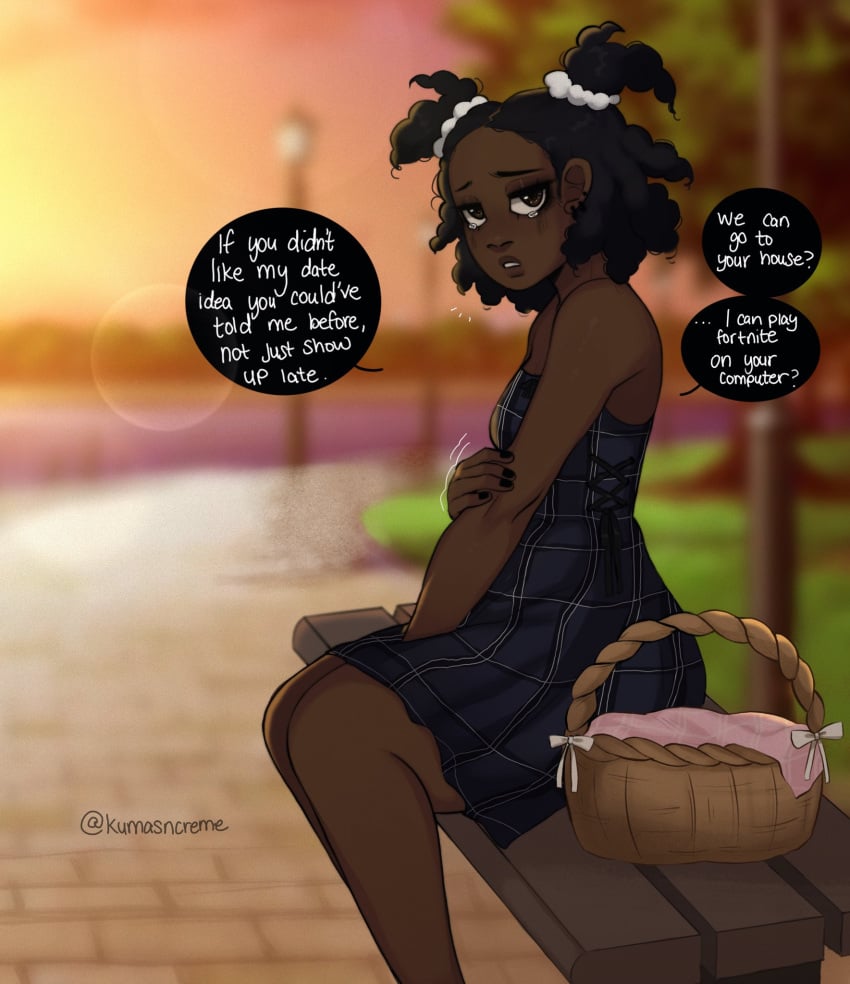 1girls artist_name basket bench crying dark-skinned_female dark_skin date dialogue dress female kumasncreme looking_at_viewer motion_lines sunset tears