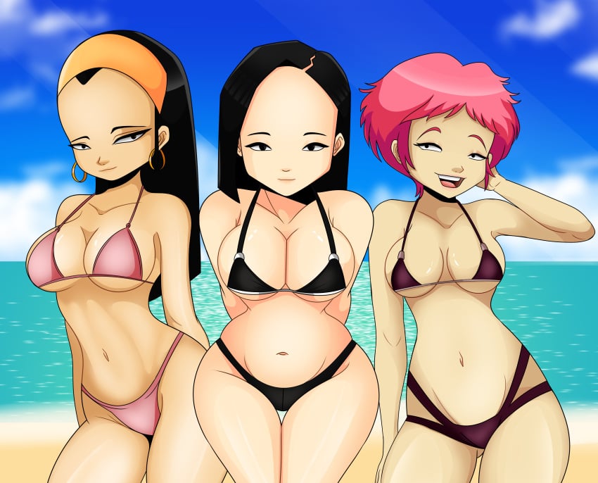 3girls aelita_schaeffer asian bikini black_hair cleavage code_lyoko elisabeth_delmas pink_hair sonson-sensei tagme yumi_ishiyama