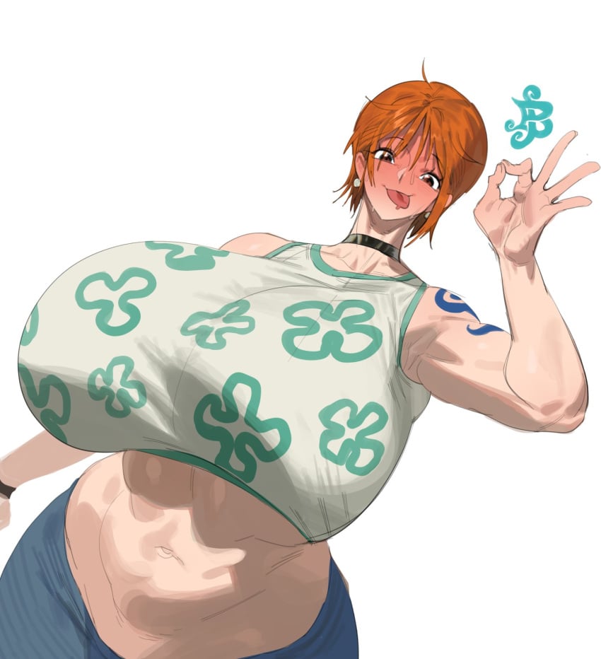 anime big_breasts blush blushing breasts clothed clothed_female collar ginger ginger_hair huge_boobs huge_breasts light-skinned_female light_skin manga maotthat midriff nami nami_(one_piece) one_piece orange_hair orange_hair_female short_hair tongue tongue_out