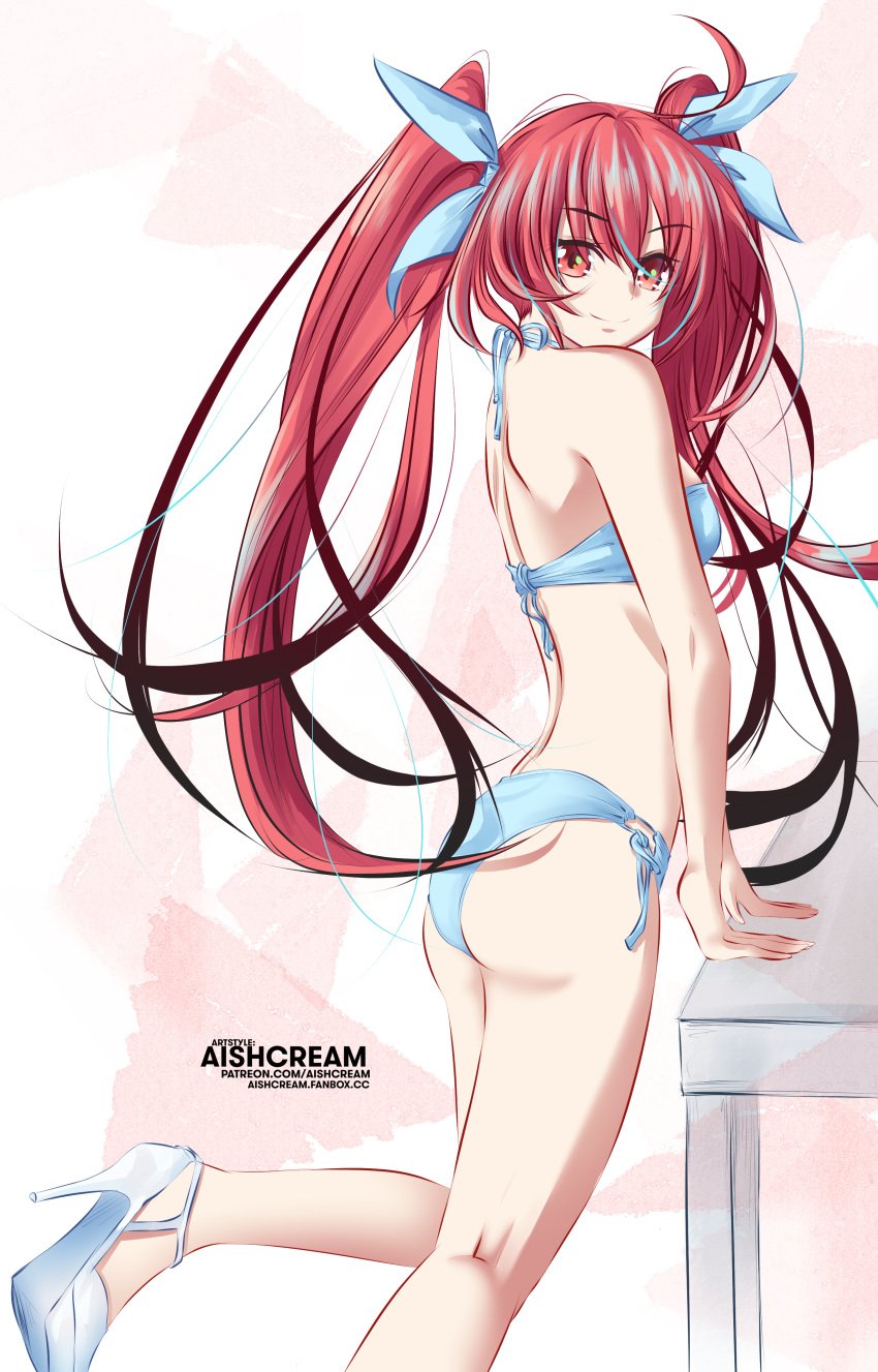 2d 2d_(artwork) aishcream ass bikini breasts date_a_live female female_only high_heels itsuka_kotori light-skinned_female long_hair red_eyes red_hair ribbon small_breasts solo solo_female thighs twintails