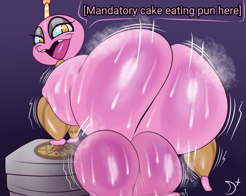 animatronic ass balls big_balls big_butt bodily_fluids cupcake_(fnaf) female five_nights_at_freddy's food food_creature food_humanoid genitals hi_res huge_butt humanoid machine male musk musk_clouds plushtrapboyuwu robot solo sweat thick_thighs twerking