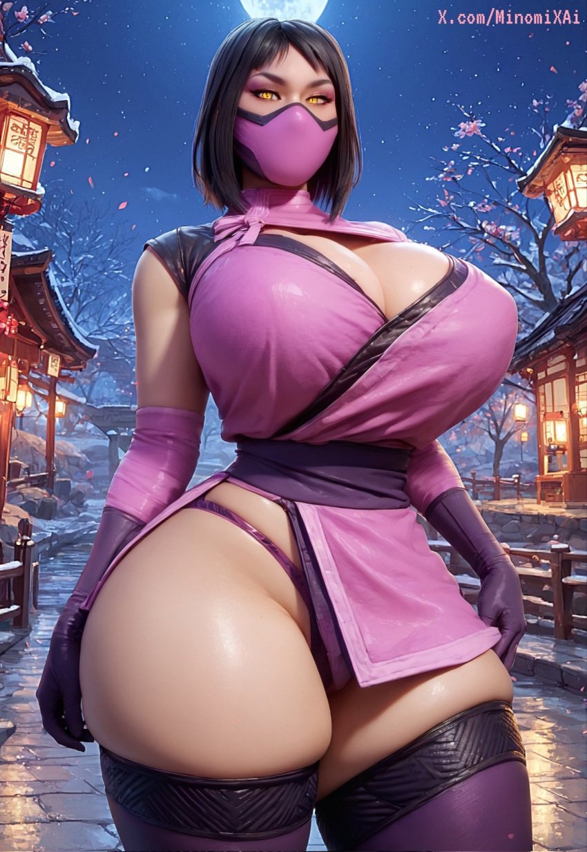 1girls ai_generated bimbo_body black_hair breasts cleavage cleavage_cutout clothed clothing clothing_cutout corset curvy curvy_figure elbow_gloves huge_breasts lantern looking_at_viewer makeup mask masked mileena minomixai mortal_kombat mortal_kombat_11 mouth_mask netherrealm_studios night outdoors paper_lantern presenting_breasts short_hair skin_tight solo solo_focus thick_thighs thighhighs tight_clothing voluptuous yellow_eyes