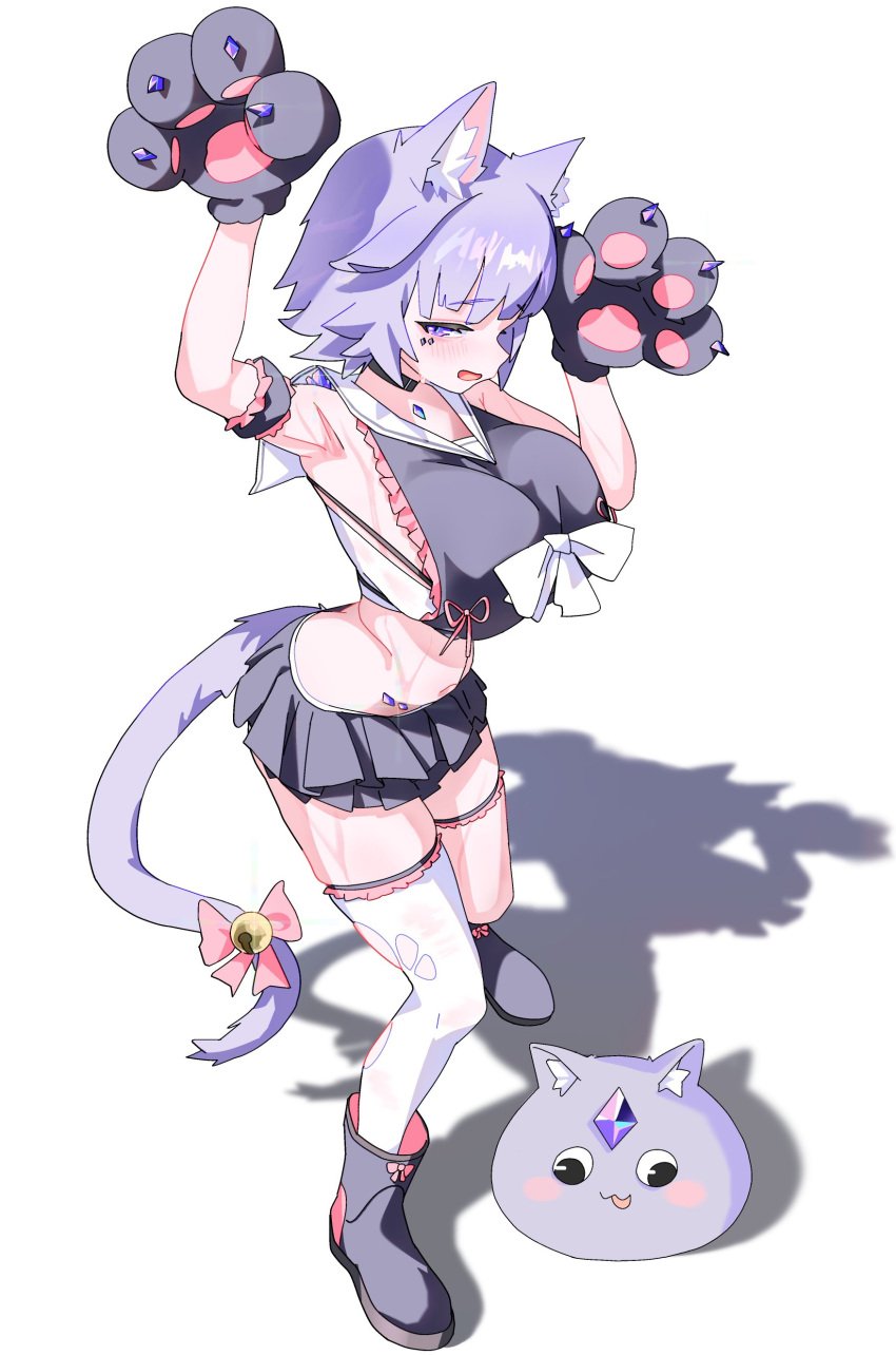 1girls animal_ears belly_button boots breasts cat_ears cat_tail eyebrows_visible_through_hair fan_mascot_(vtuber) female female_only gurumie hololive hololive_english hololive_english_-advent- holomilfs huge_breasts light-skinned_female light_skin momseki open_mouth paw_gloves purple_eyes purple_hair shadow solo tail virtual_youtuber