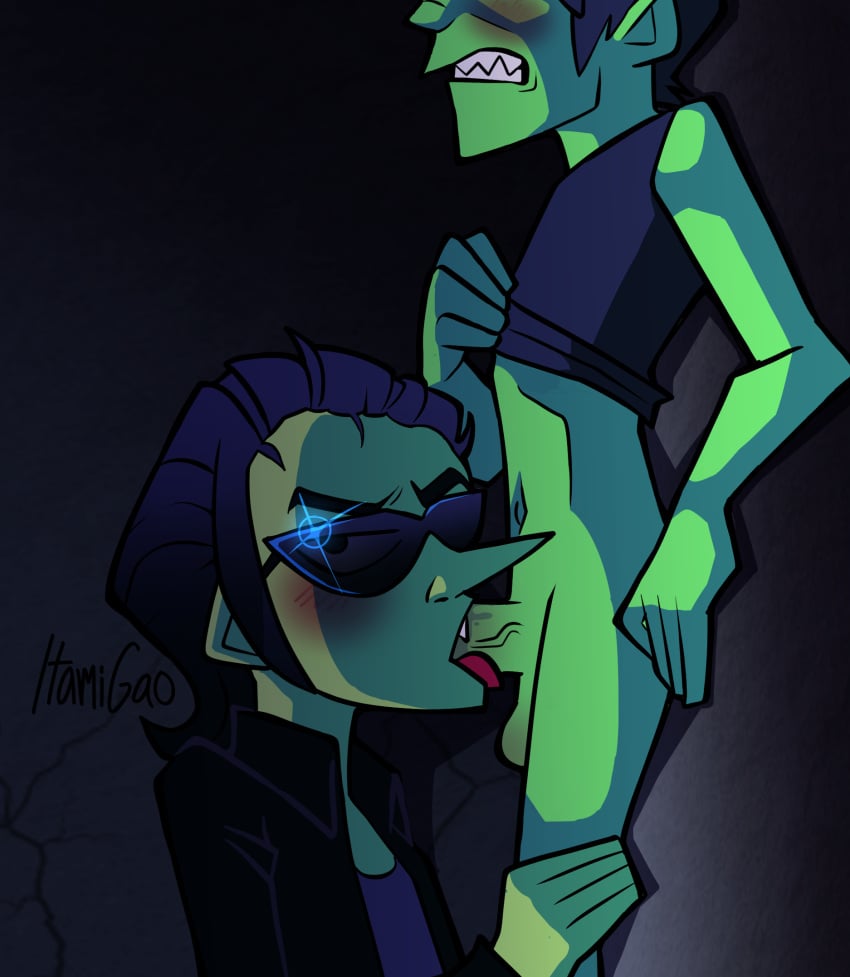 2024 2boys 5_fingers ace_copular against_wall background black_hair blowjob blush cartoony cel_shading dark_room gay gay_sex gorillaz green_skin hand_on_leg itamigao leather_jacket looking_at_viewer male/male male_only murdoc_niccals oerba_yun_fang old_man old_man_yaoi pointy_nose powerpuff_girls ribs saliva self_upload sharp_teeth shine shirt_lift signature sleeveless_shirt standing standing_blowjob sucking_penis sunglasses tongue_out_blowjob toony yaoi