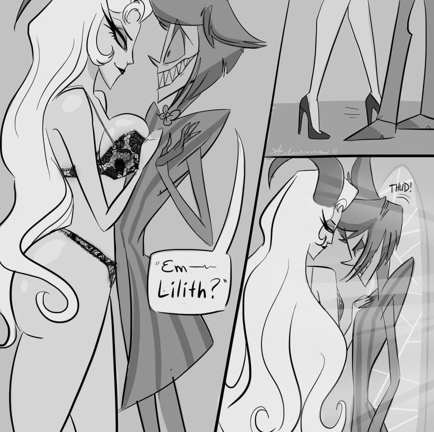 alastor_(hazbin_hotel) ass big_ass breasts cheating cheating_wife clothed clothing comic deer demon dialogue duo female hair hazbin_hotel horns human imminent_sex infidelity lilith_morningstar_(hazbin_hotel) lingerie male male/female mature_female milf open_mouth partially_clothed smile somebodysdaught3r