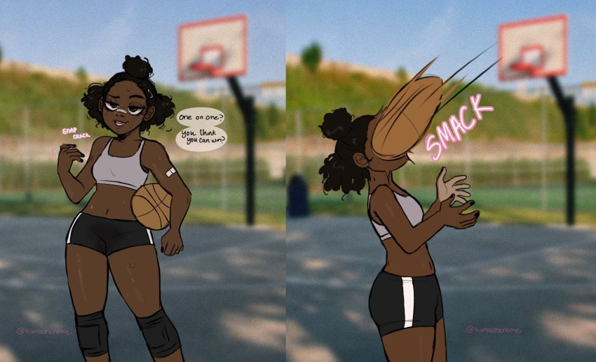 1girls artist_name bandage basketball belly_button black_hair booty_shorts dark-skinned_female dark_hair dark_skin dialogue girlfailure kumasncreme midriff shorts small_breasts solo solo_female sports_bra sweat sweating tagme text