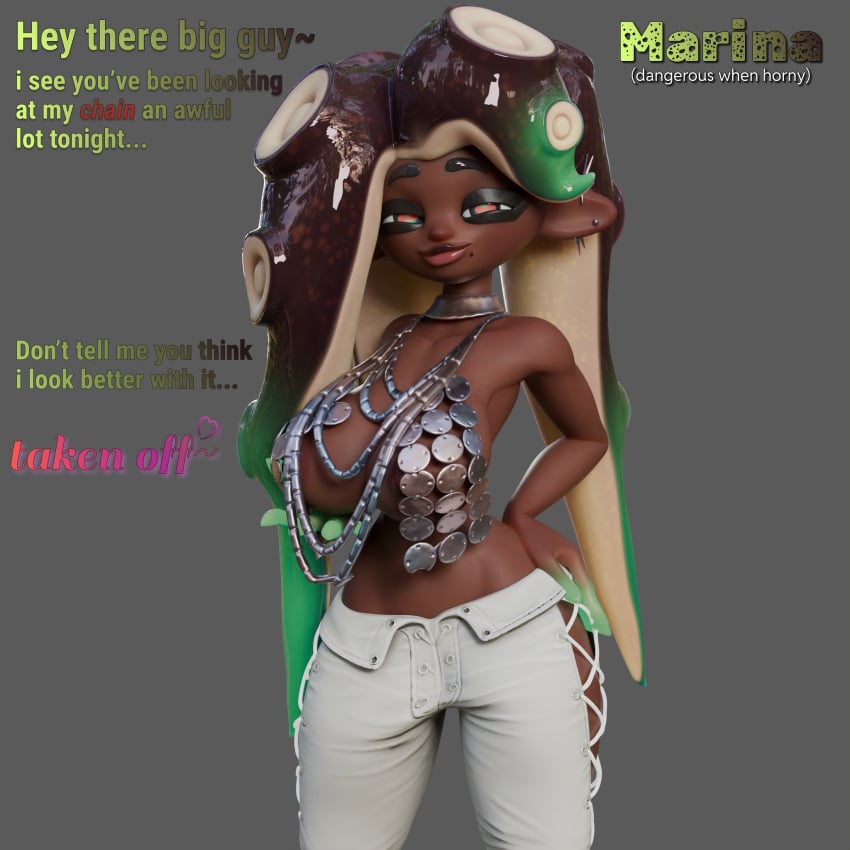 1girls 3d breasts chains ebony grand_festival_(splatfest) huge_breasts image marina_(grand_festival) marina_(splatoon) octoling octoling_girl seductive simsalabime smug smug_grin splatfest splatoon tagme team_present_(splatfest) teasing text