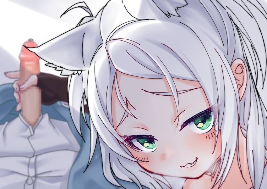 1boy 1girls animal_ears azur_lane black_glove blush cat_ears catgirl censored eagle_union_(azur_lane) fingerless_glove gloves green_eyes light-skinned_female light-skinned_male light_skin looking_at_viewer male_pov mosaic_censoring penis pov precum schector_(asha000253) sims_(azur_lane) smug textless white_hair