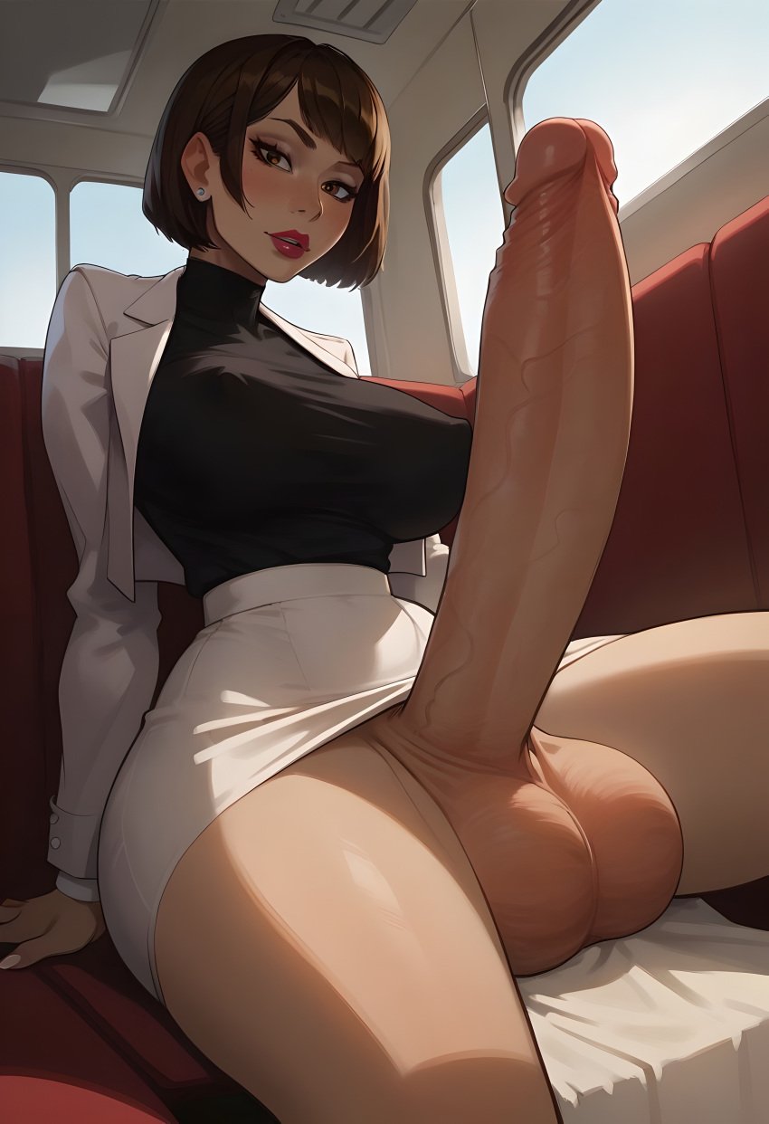 absurd_res absurdly_large_cock ai_generated black_shirt brown_eyes brown_hair erection futa_only futanari huge_breasts huge_cock large_breasts large_penis like_a_dragon_(series) lipstick looking_at_viewer makeup mommy nipple_bulge open_legs public_transportation saeko_mukouda self_upload sitting small_waist solo supermanson testicles thick_thighs veiny_penis white_blazer white_skirt wide_hips yakuza_(series)