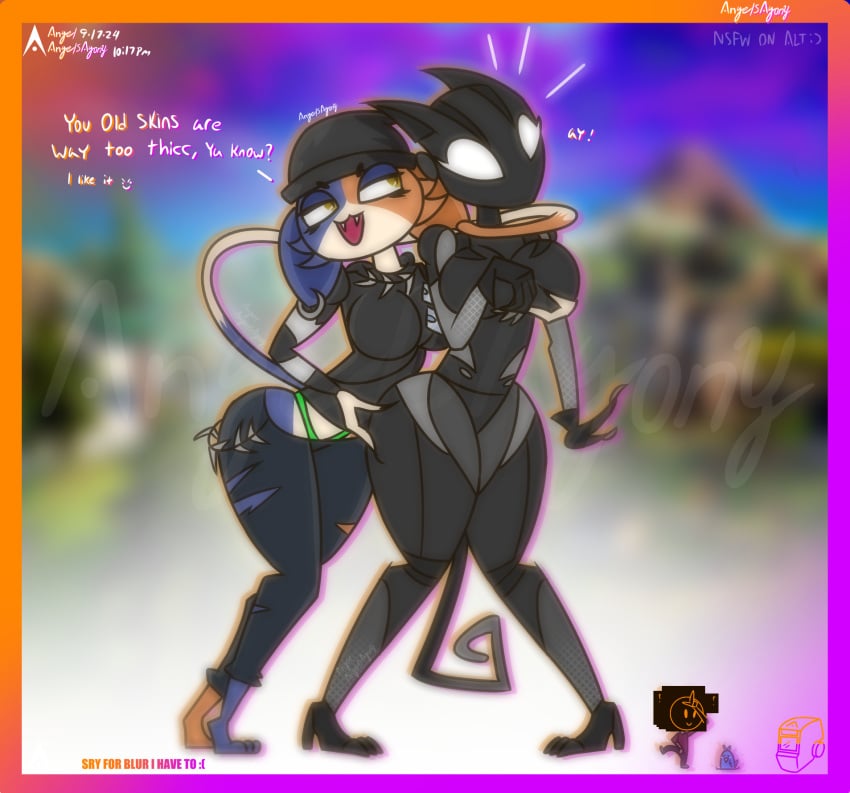 2girls agonywelds angry anthro ass bdsm_outfit blurry_background breasts cat_ears cat_suit cat_tail catgirl curvy fortnite furry glowing_eyes goth hand_on_breast kink lynx_(fortnite) meme meow_skulls_(fortnite) robot robot_girl text thick_ass thick_thighs thighs