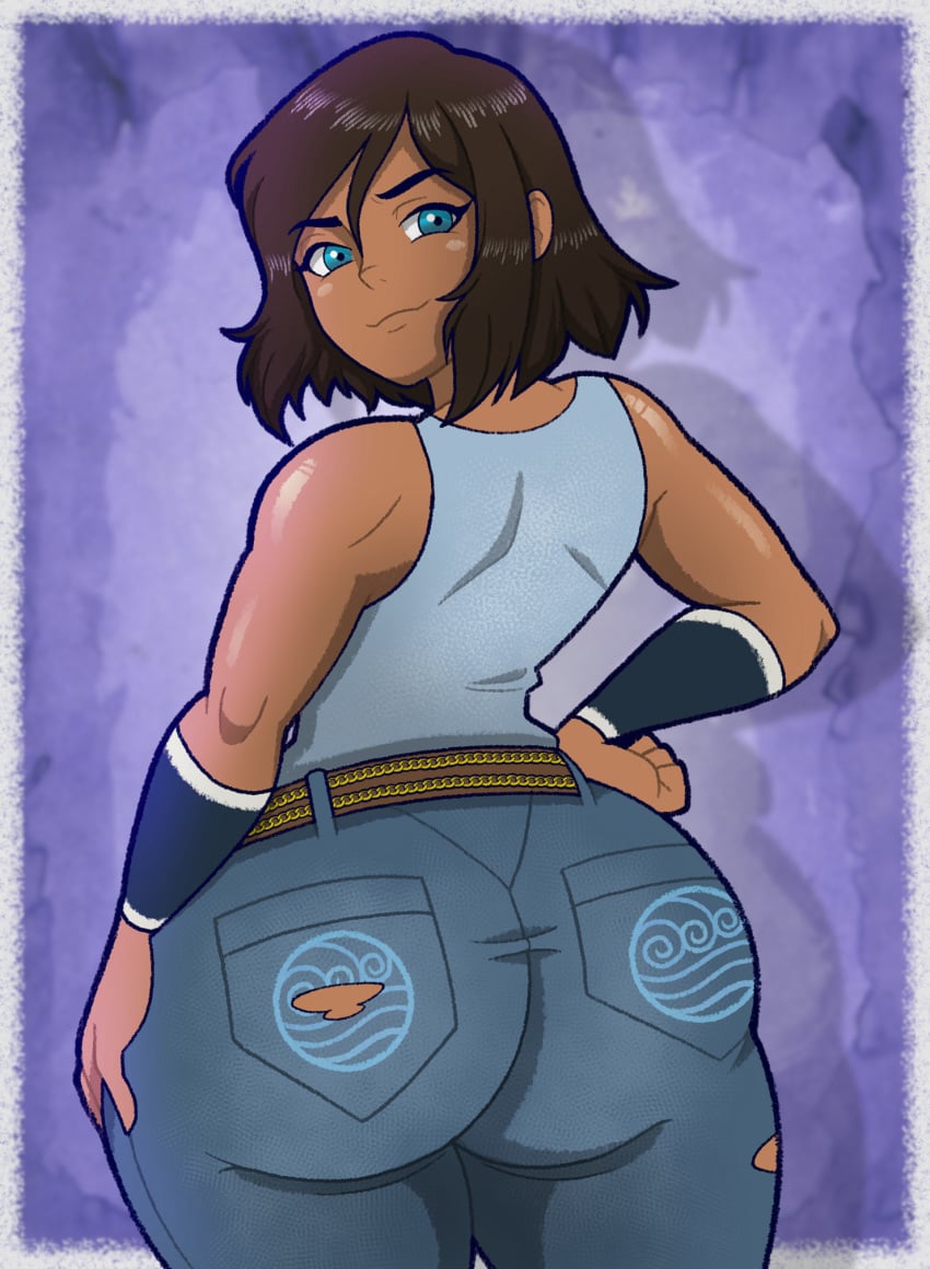 1female 1girls ass ass_focus avatar_the_last_airbender big_ass big_butt blue_eyes brown_hair clothed clothed_female clothing confident confident_smile dark-skinned_female dark_skin denim denim_clothing denim_jeans female female female_focus female_only huge_ass huge_butt kinggargantuas korra looking_at_viewer looking_back the_legend_of_korra tight_clothing tight_pants tonyneely torn_clothes torn_legwear