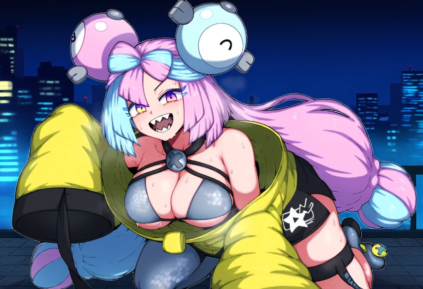 ai_generated big_breasts bikini blue_hair breasts cleavage collarbone female iono_(pokemon) large_breasts mizushka open_mouth pink_hair pokemon sharp_teeth solo tounge_out two_tone_hair