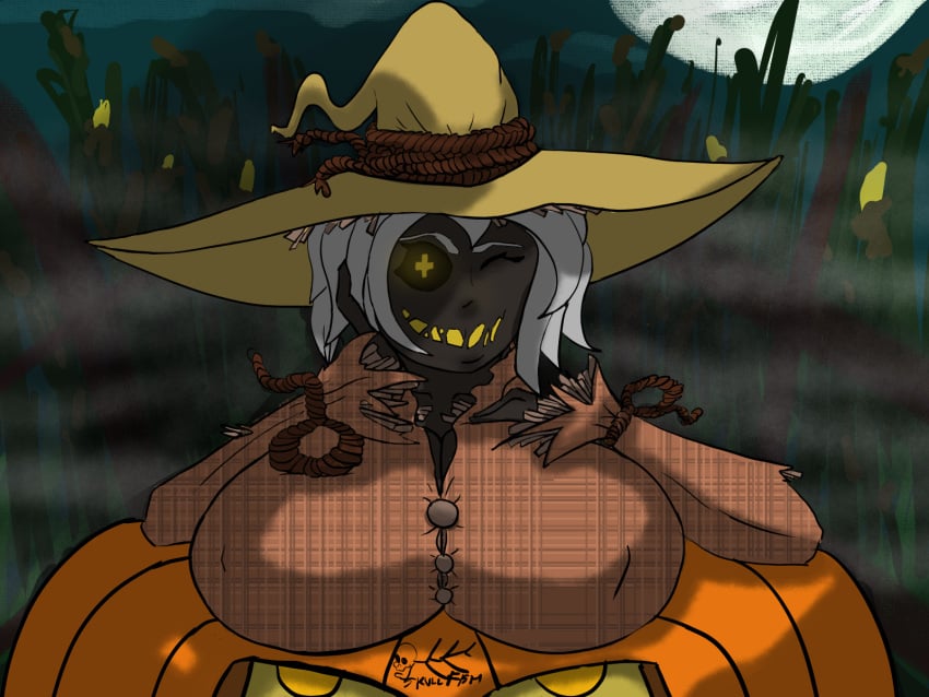 clothing halloween huge_breasts monster monster_girl not_naked pumpkin skullfish teasing white_hair