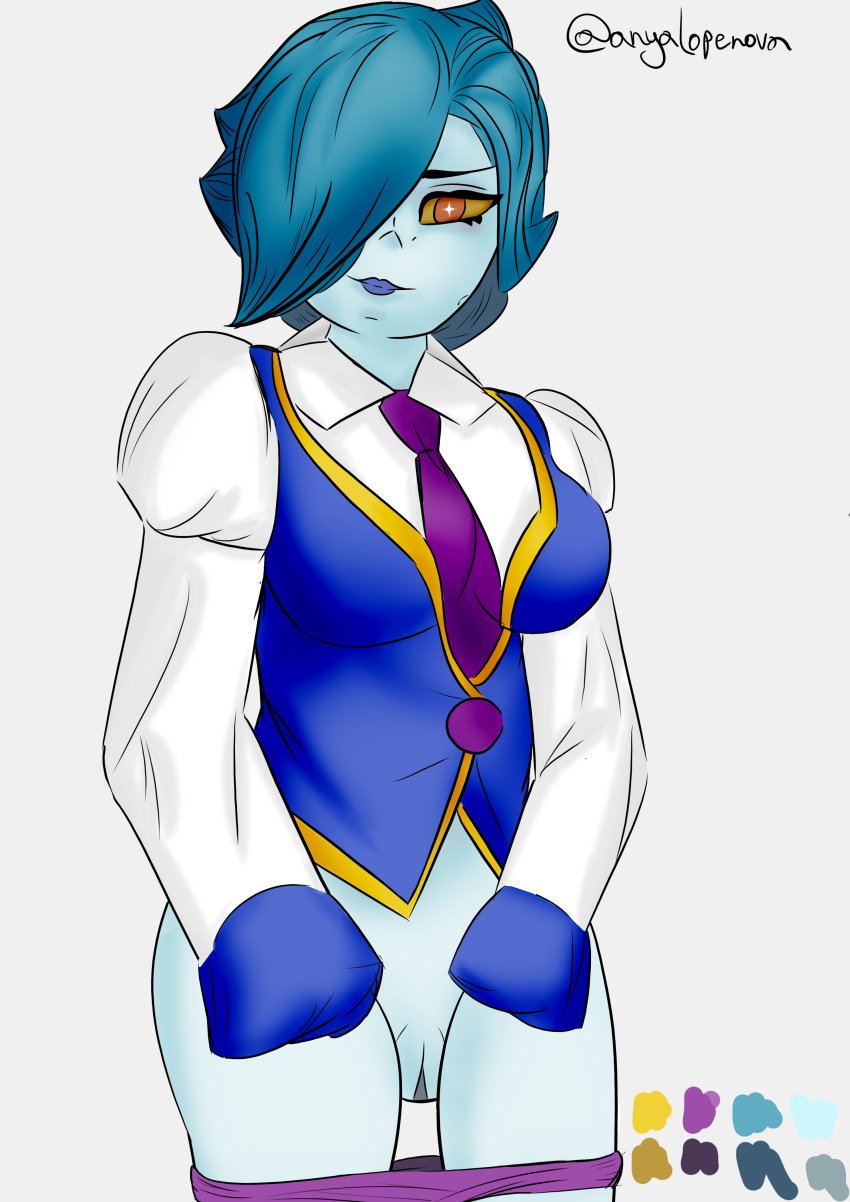 1girls anyalopa blue_clothing blue_hair blue_lips blue_skin brawl_stars briefs colette_(brawl_stars) colored female hair_covering_eye hair_covering_one_eye hi_res inspector_colette legs lips long_sleeves looking_at_viewer orange_eyes purple_tie pussy tie underwear white_clothing