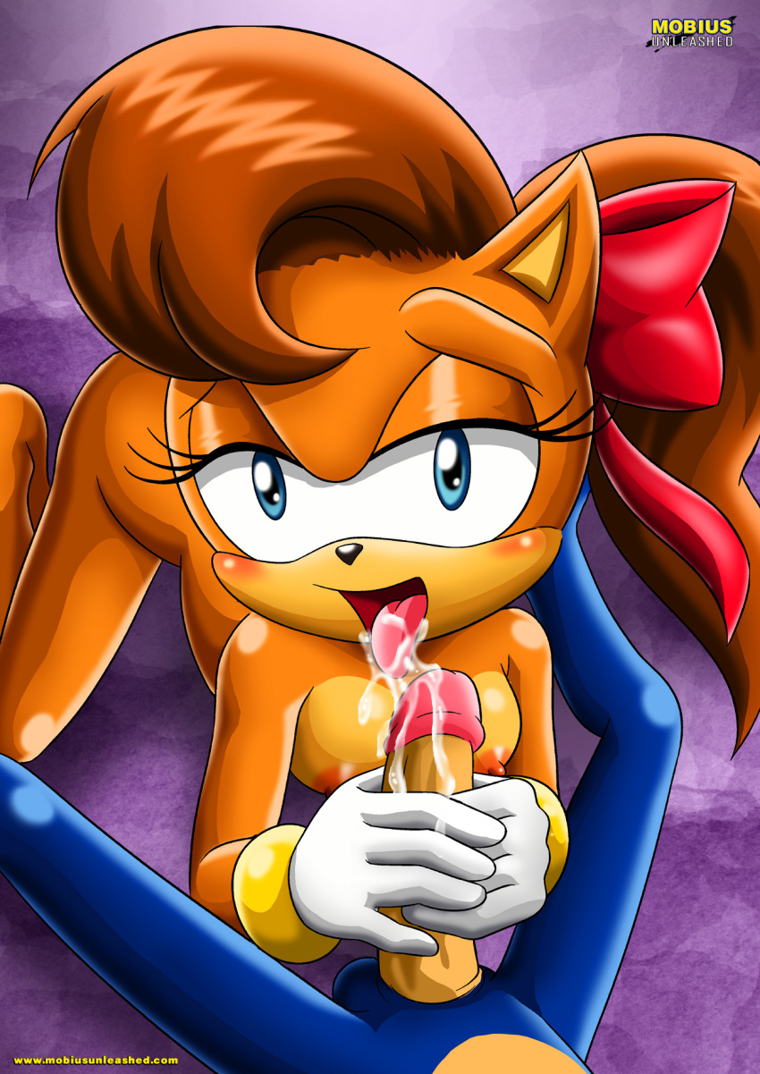 1boy 1girls all_fours bbmbbf blue_fur breasts brown_fur brown_hair cum fellatio female furry hedgehog kneeling looking_at_viewer mammal manx mobius_unleashed nude palcomix penis pov saliva sega smile sonic_(series) sonic_the_hedgehog straight tiara_boobowski tongue_out