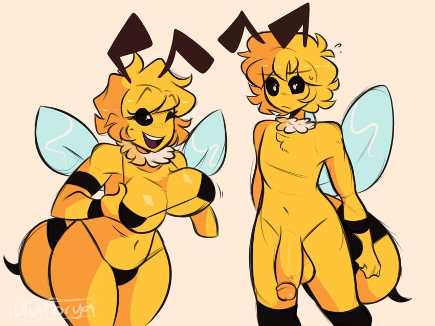 bee bee_girl bees beety_(coletteposting) bikini breasts breasts_out buzz_(pandavan) chest_fluff cock neck_fluff nude nude_male thick_thighs tits_out uuforya wings