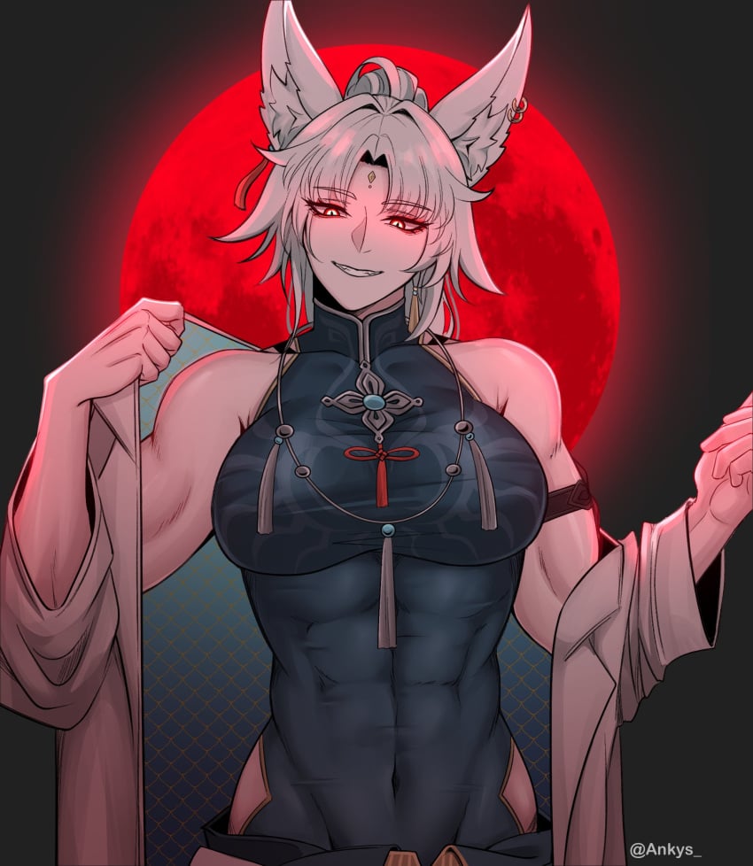 abs blood_moon feixiao_(honkai:_star_rail) fox fox_ears foxgirl honkai:_star_rail honkai_(series) hoyoverse muscular muscular_female red_eyes smile smiling stripping