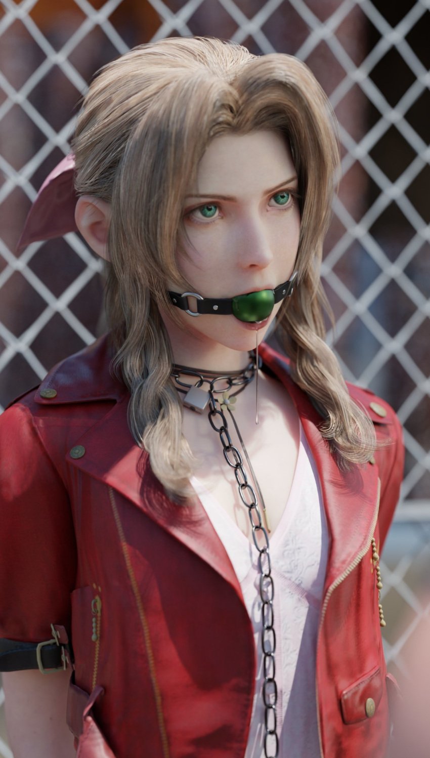 1girls 3d aerith_gainsborough angry angry_expression ball_gag bondage bondage bound bound_arms brown_hair brown_hair chains female female femsub final_fantasy final_fantasy_vii final_fantasy_vii_remake gag gagged green_eyes kidnapped leash leather_jacket long_hair outdoors outside restrained rindekey slave slavegirl tied_hair tied_up video_games