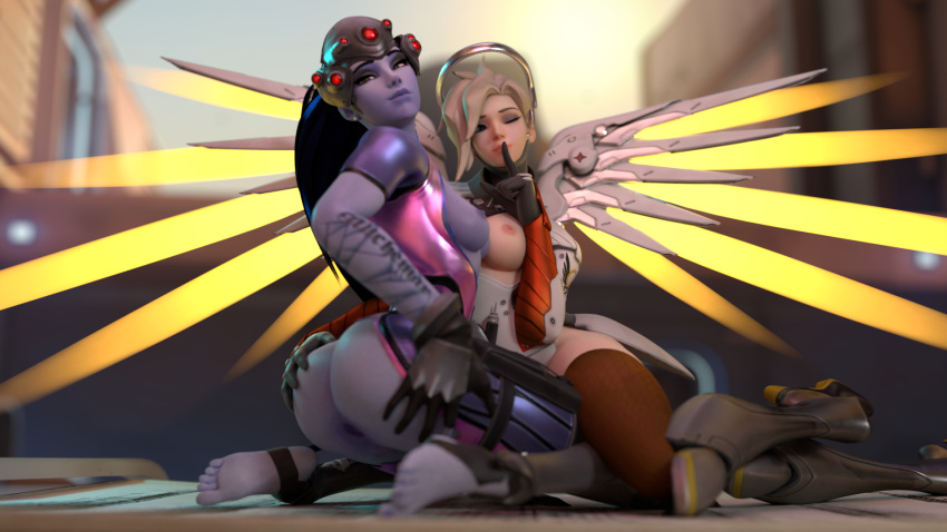 2girls 3d ass blonde_hair blue_hair breasts duo ellowas feet female female_only hand_on_ass hand_on_butt hand_on_own_ass hand_on_partner's_butt looking_at_viewer mercy overwatch widowmaker wings winking_at_viewer yuri