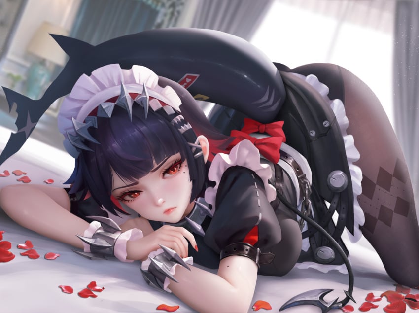 black ellen_joe honkai_(series) hoyoverse kukuyosama large_breasts maid_headdress maid_uniform panties_visible_through_clothing red_eyes shark_tail tagme tights turewindwalker victoria_housekeeping zenless_zone_zero